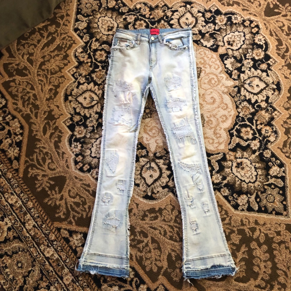 Ajenda Light Wash Distressed Stacked Flare Jeans Size 29